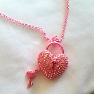 Pink Crystal Puff unlock your Heart Lock Necklace w/key